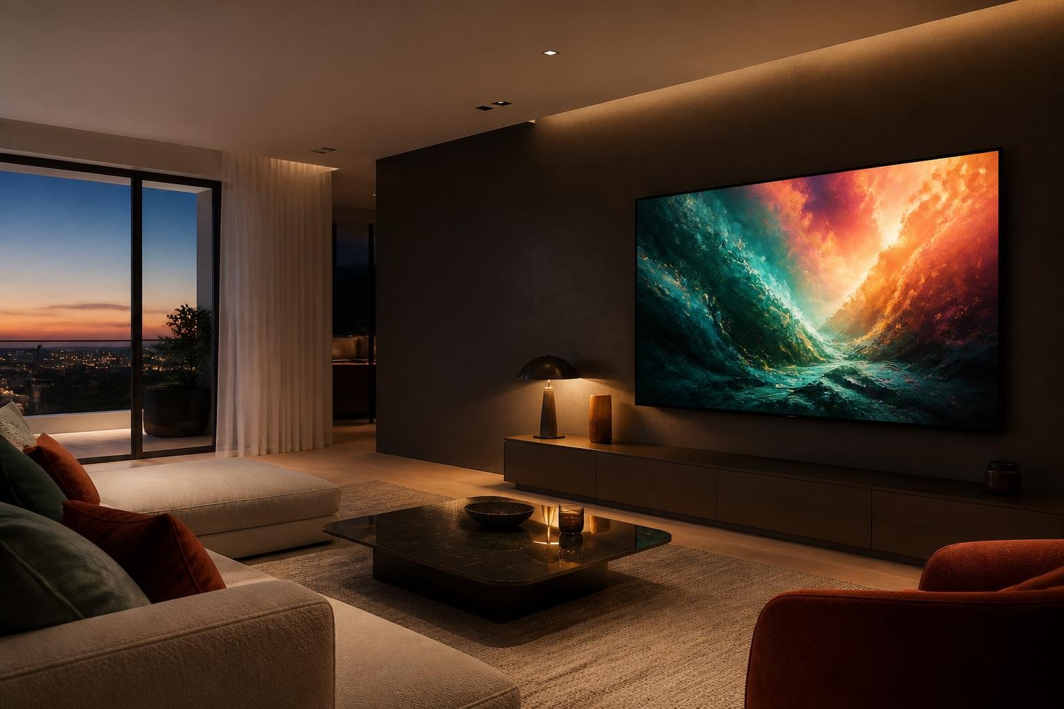 Salon moderne avec grand téléviseur diffusant un programme en haute définition